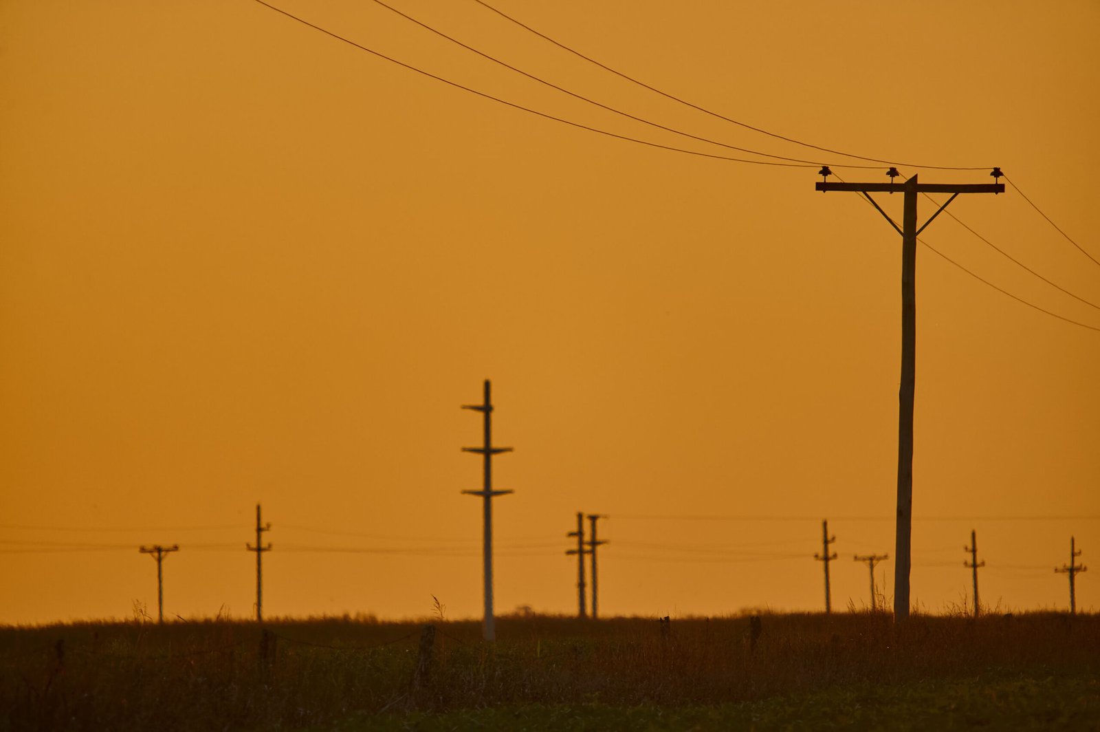 A scenery of sunset in an overhead power line